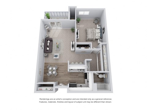 1 bed 1 bath 3D Floor Plan E